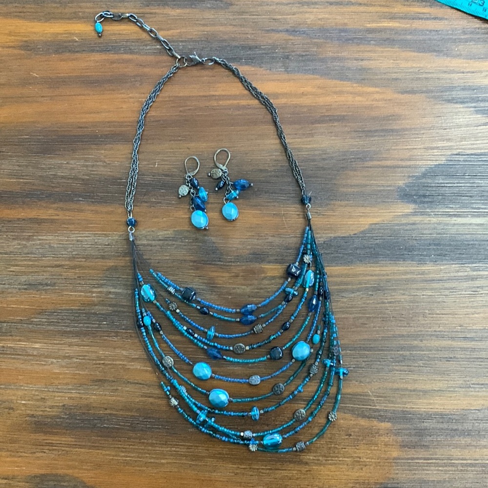 Antique Bronze/Teal Tiered Beaded Necklace & Matching Pierced Earrings